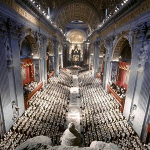 Bishops gathered inside St. Peter's Basilica as the Second Vatican Council is convened in 1962